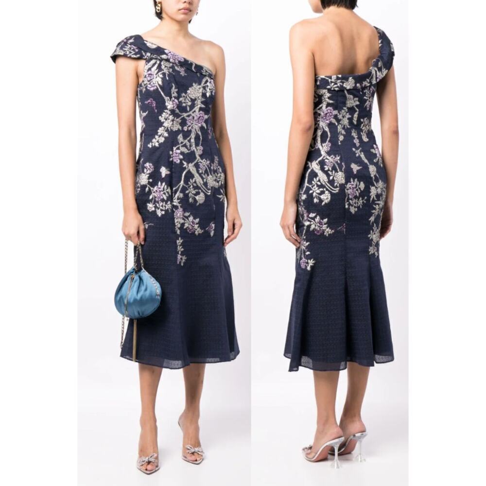 Marchesa Notte one-shoulder‎ floral-jacquard midi dress size 6 New